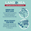 A graphic with “Icelandic+ Land & Sea” at the top showcases a cow and fish, highlighting natural, nutritious freeze-dried beef liver and wild-caught cod skin in Icelandic+ dog treats rich in omega-3s.