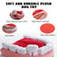 The Nocciola Teeth Extraction Dog Toy by Nocciola keeps your pup engaged and happy with a mouth-shaped design, soft fabric, high rebound PP cotton, elastic sponge, red non-slip bottom, and close-up insets of its mental stimulation features.