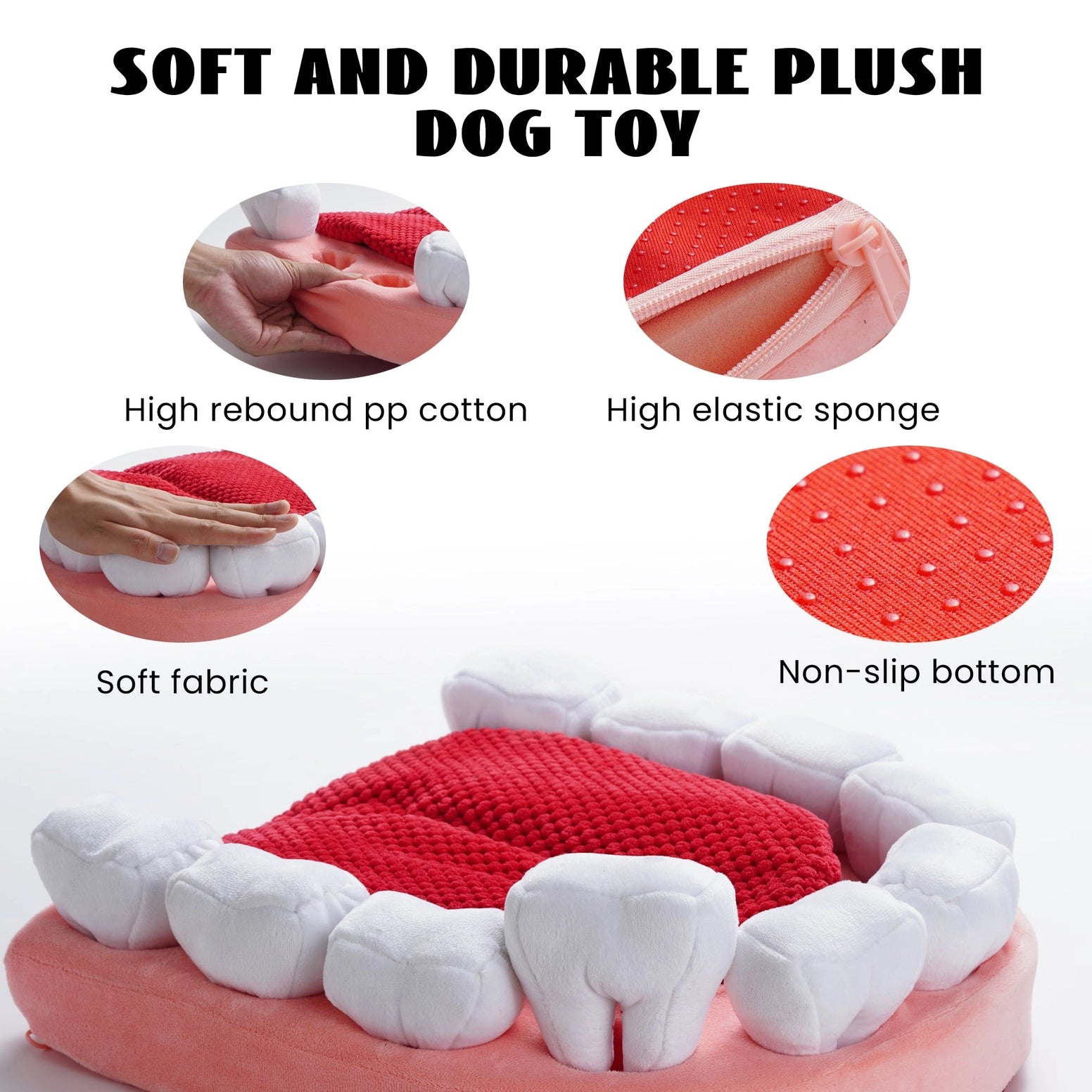 The Nocciola Teeth Extraction Dog Toy by Nocciola keeps your pup engaged and happy with a mouth-shaped design, soft fabric, high rebound PP cotton, elastic sponge, red non-slip bottom, and close-up insets of its mental stimulation features.