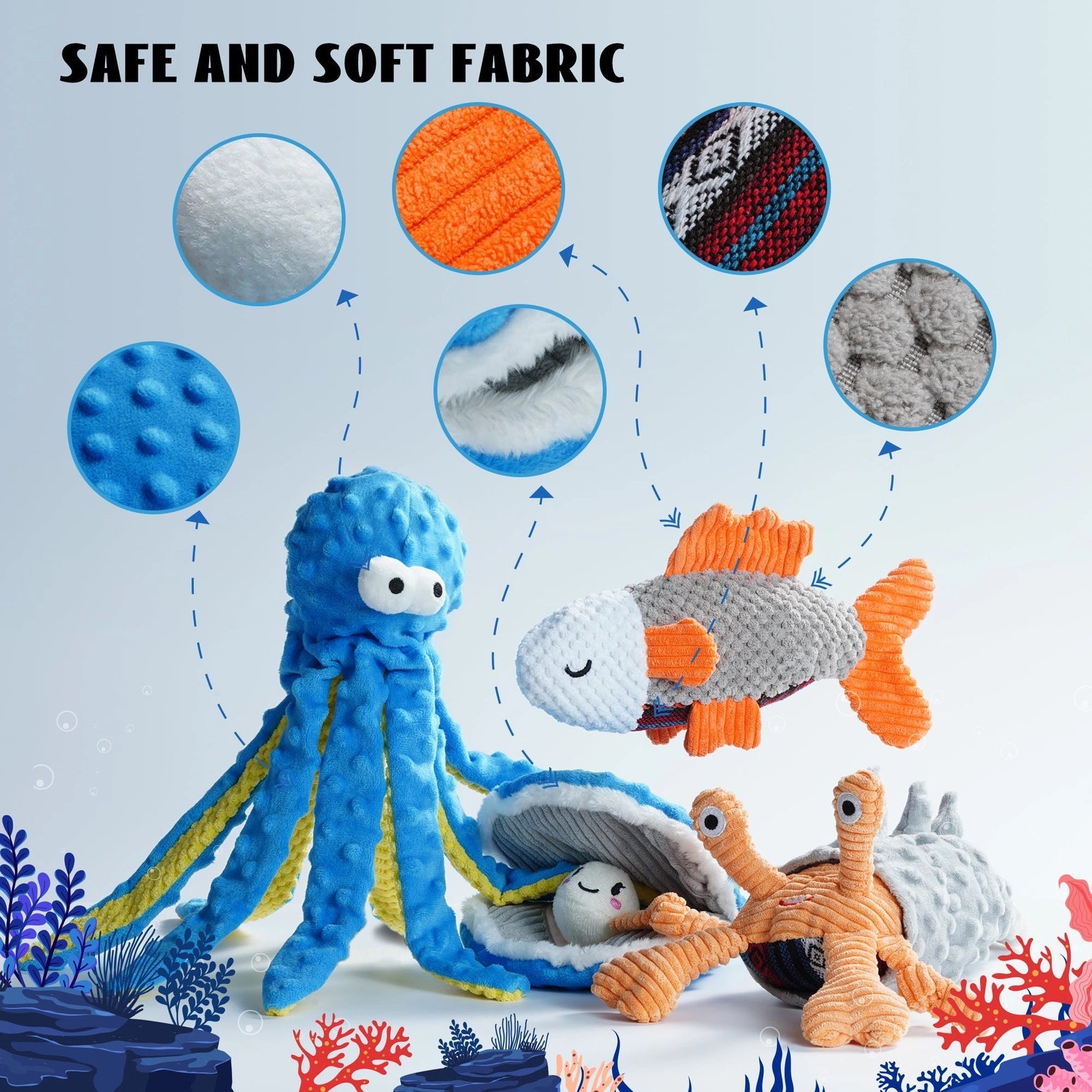 Nocciola Ocean-Themed Crinkle & Squeaky Dog Toy Set—octopus, fish, oyster with pearl, and snail—shown on a coral base with close-ups of soft textures. SAFE AND SOFT FABRIC by Nocciola. Features crinkle and squeaky fun for dogs!.