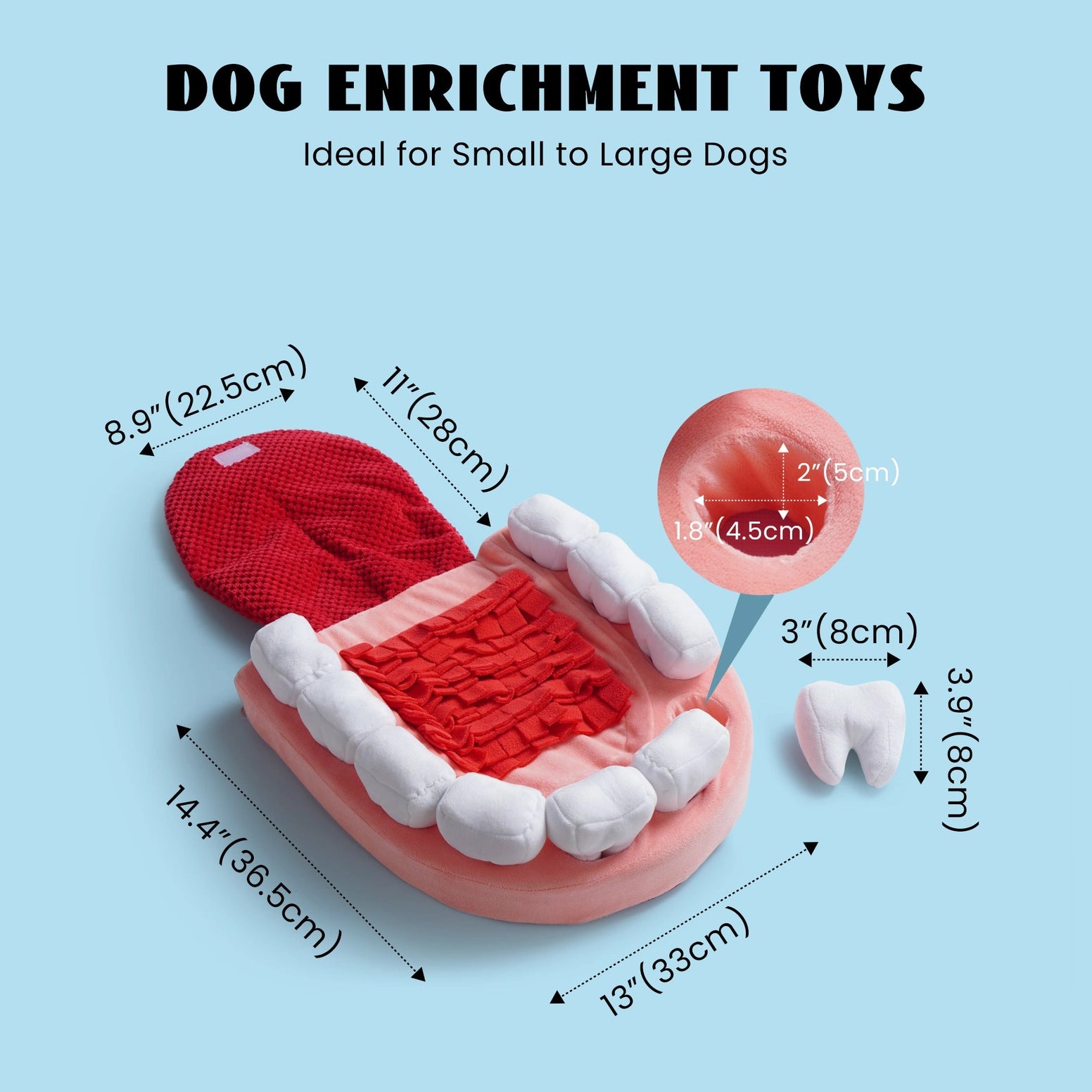 Nocciola Teeth Extraction Dog Toy—an enrichment toy shaped like an open mouth with plush teeth and a red textured tongue—keeps your pup engaged and happy. Each part’s dimensions are labeled. Brand: Nocciola.