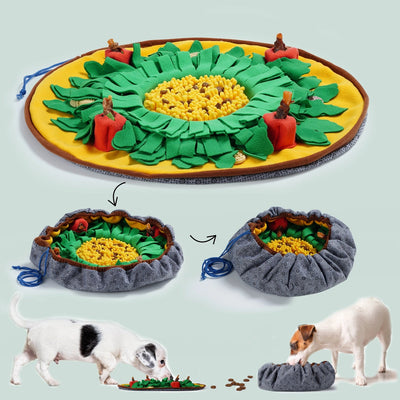 The Nocciola Snuffle Mat and Toy Set for Dogs by Nocciola provides mental stimulation and interactive play as dogs search for treats in its green and yellow mat, which also pulls into a pouch. Shown: two dogs using it flat or as a pouch.