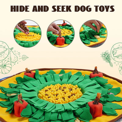 The Nocciola Snuffle Mat and Toy Set for Dogs features a green and yellow sunflower-shaped design, plush orange carrots, hidden treat pockets, and HIDE AND SEEK DOG TOYS text for engaging mental stimulation.
