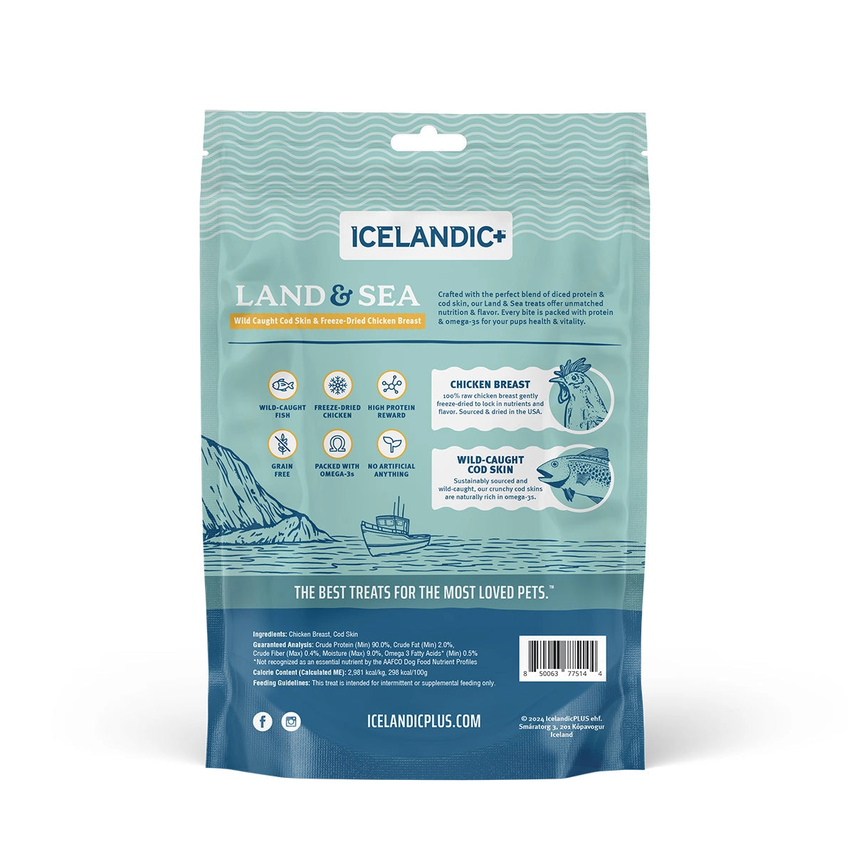 The back of the Icelandic+ Land & Sea Cod Skin Freeze-Dried Chicken Dog Treat 2.4 oz bag features high-protein treats, product and nutrition info, and a scenic image of a mountain, sea, boat, chicken, and cod.