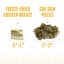 Two pet treats from Icelandic+ are shown: a light, rectangular freeze-dried chicken breast (0.5–1 in) and a darker, omega-3 rich cod skin (1–2 in), both from the Icelandic+ Land & Sea Cod Skin Freeze-Dried Chicken Dog Treats.