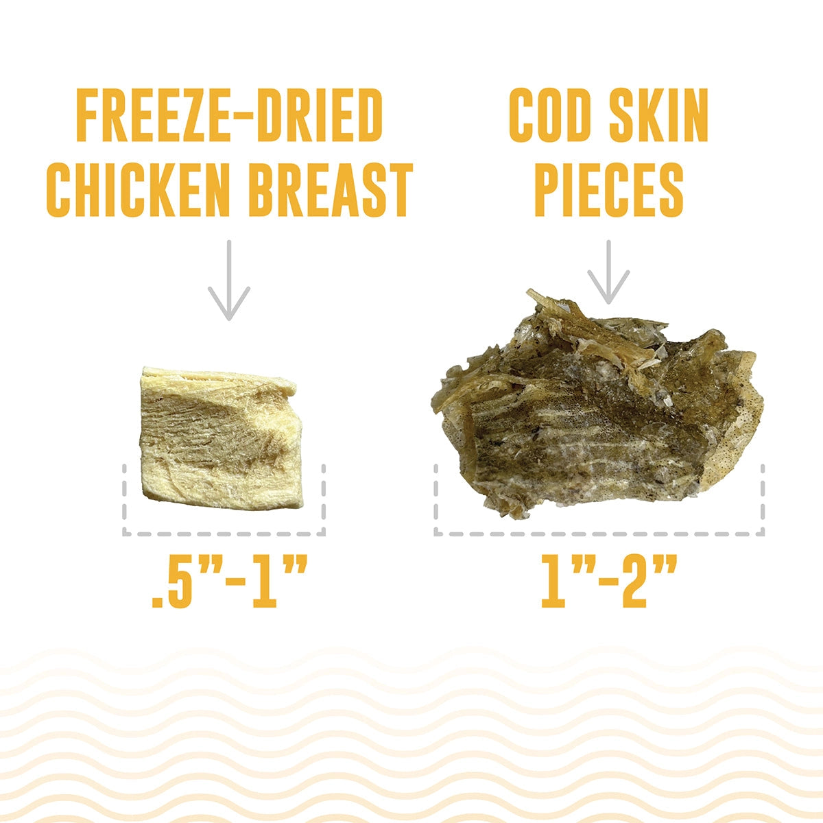 Two pet treats from Icelandic+ are shown: a light, rectangular freeze-dried chicken breast (0.5–1 in) and a darker, omega-3 rich cod skin (1–2 in), both from the Icelandic+ Land & Sea Cod Skin Freeze-Dried Chicken Dog Treats.