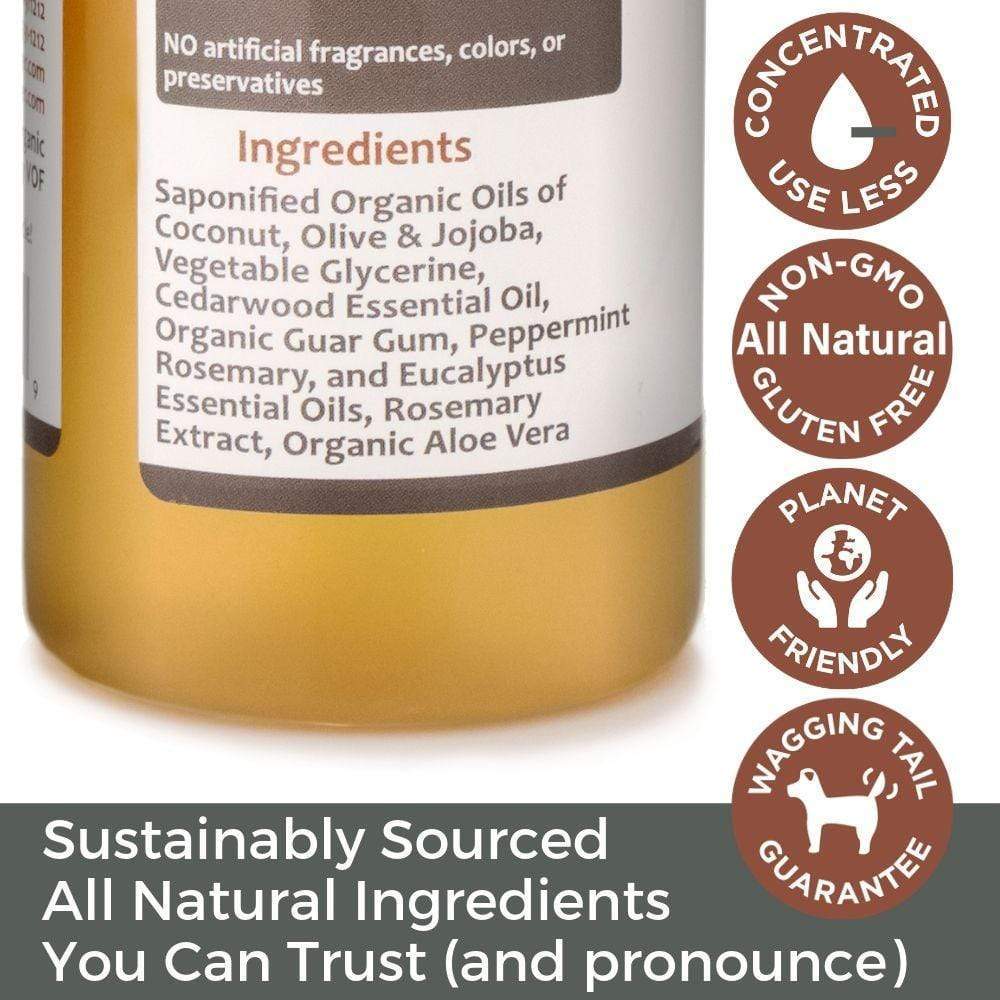 Natural Cedar Dog Shampoo with organic ingredients like coconut and aloe for healthy pet grooming