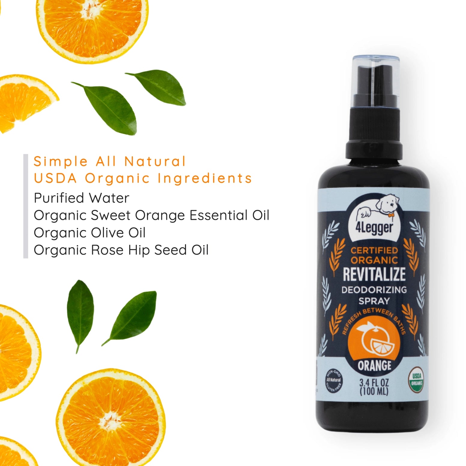 4-Legger Organic Dog Deodorizing Spray with Sweet Orange Essential Oil for Freshening Pets