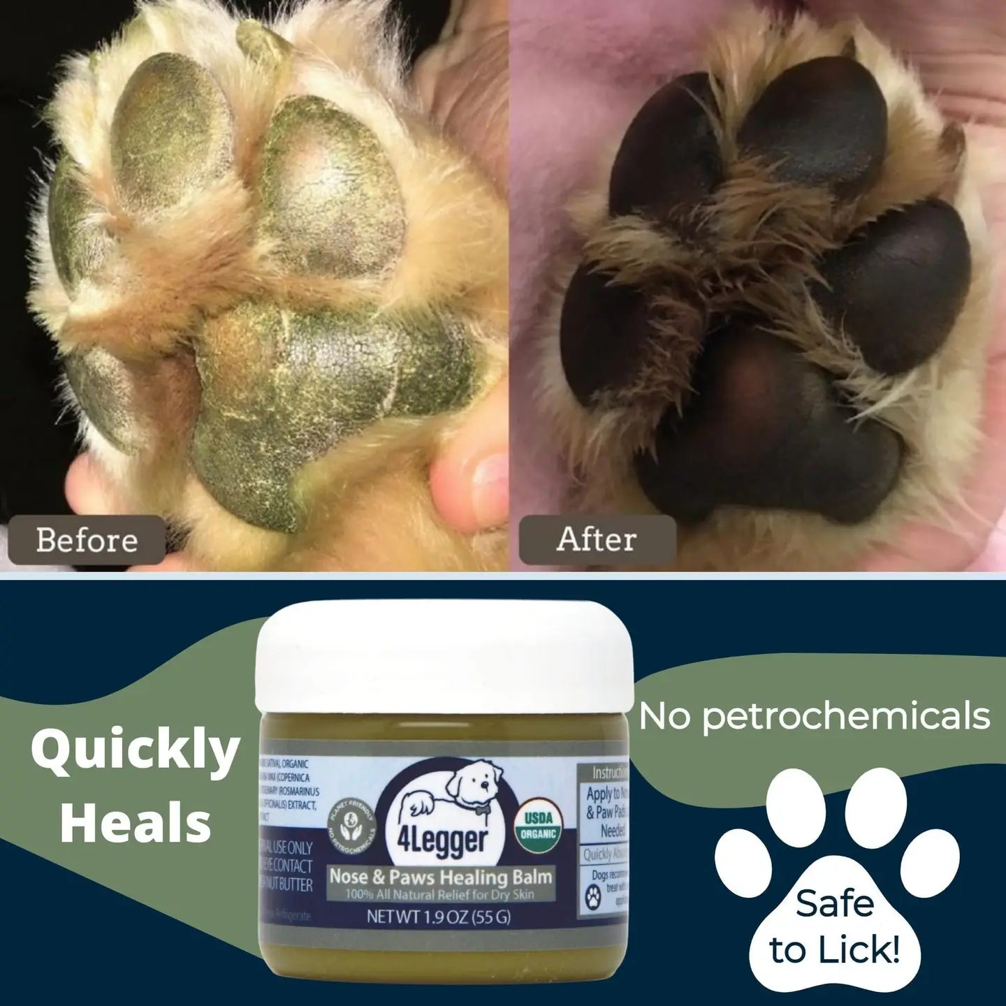 4-Legger organic dog nose and paw balm before and after application on a dog's paw showing healing effects