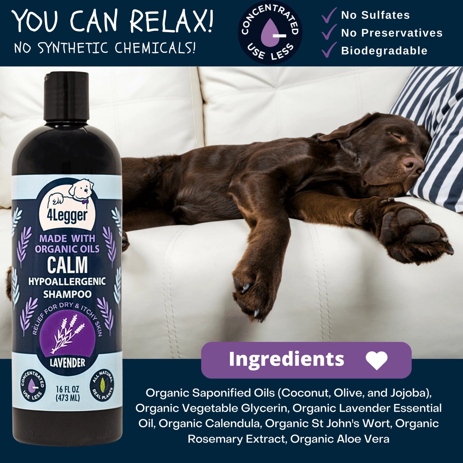 4-Legger organic lavender dog shampoo bottle with a relaxed dog laying beside it