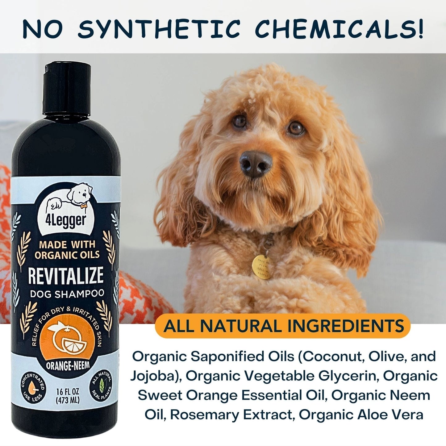 4-Legger Organic Neem Dog Shampoo in 16 oz bottle with all natural ingredients for healthy pet care