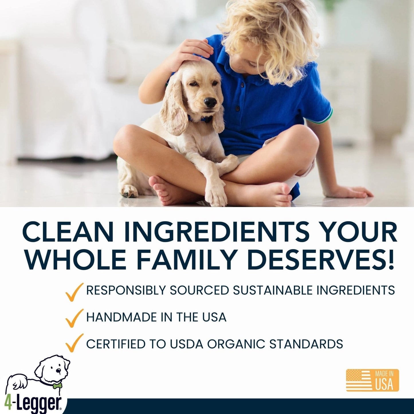 4-Legger organic neem dog shampoo with clean ingredients, responsibly sourced and handmade in the USA