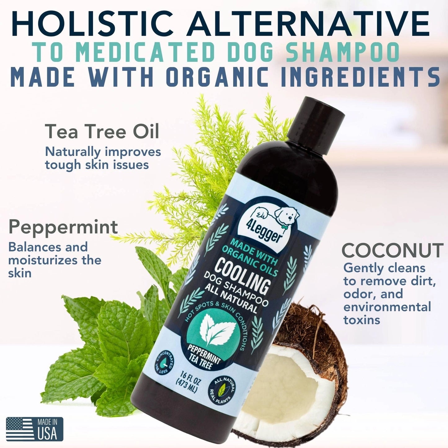 4-Legger Organic Tea Tree Oil Dog Shampoo with Peppermint and Coconut for Skin Relief