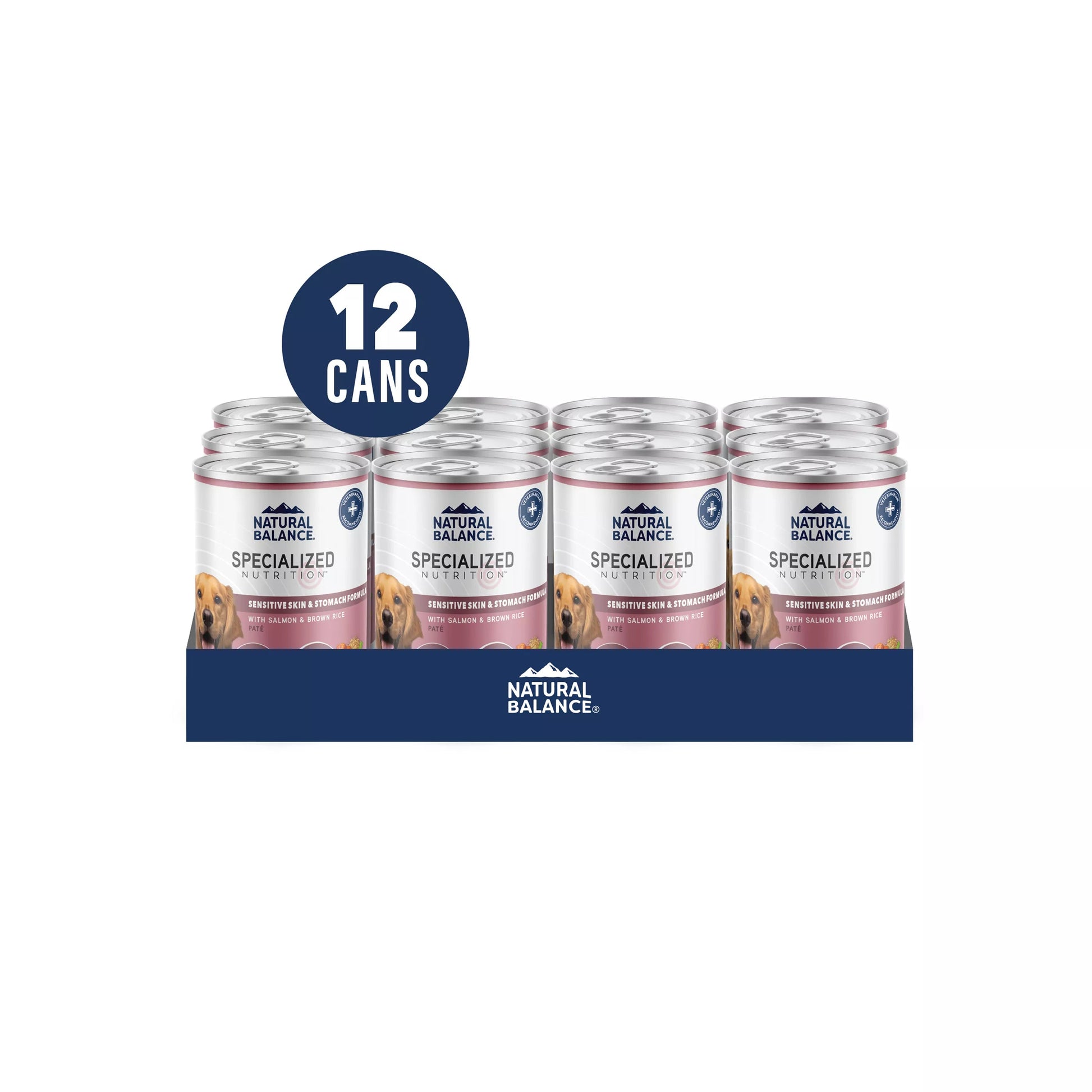 A 12-pack tray of Natural Balance Specialized Nutrition Sensitive Skin & Stomach Formula Adult Salmon & Brown Rice Wet Dog Food, featuring images of dogs on the cans, a blue 12 CANS label, and added Omega Fatty Acids.