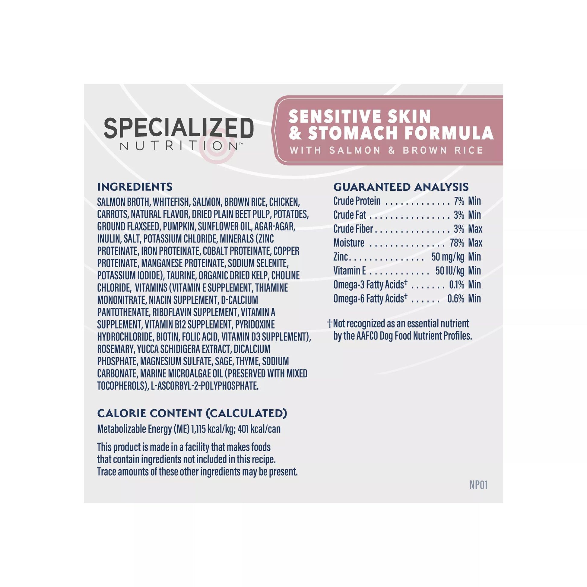 Natural Balance Specialized Nutrition Sensitive Skin & Stomach Formula Adult Salmon & Brown Rice Wet Dog Food label features omega fatty acids, ingredient list, guaranteed analysis, and calorie info on a gray and white design with maroon highlights.