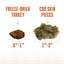 Side-by-side look at Icelandic+ Land & Sea Cod Skin (1–2 in, light brown) and Freeze-Dried Turkey (0.5–1 in, protein-rich), each labeled with size and arrows pointing to the treats from Icelandic+.