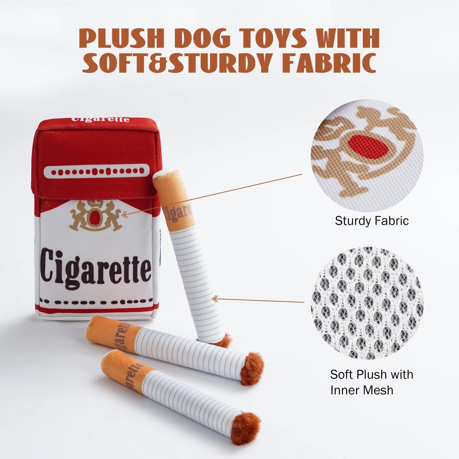 Nocciola Durable Giggle Toys for Puppies & Small to Medium Dogs: plush dog toys shaped like cigarettes and a pack, made with reinforced Oxford fabric and inner mesh for durability—ideal for playful pups.