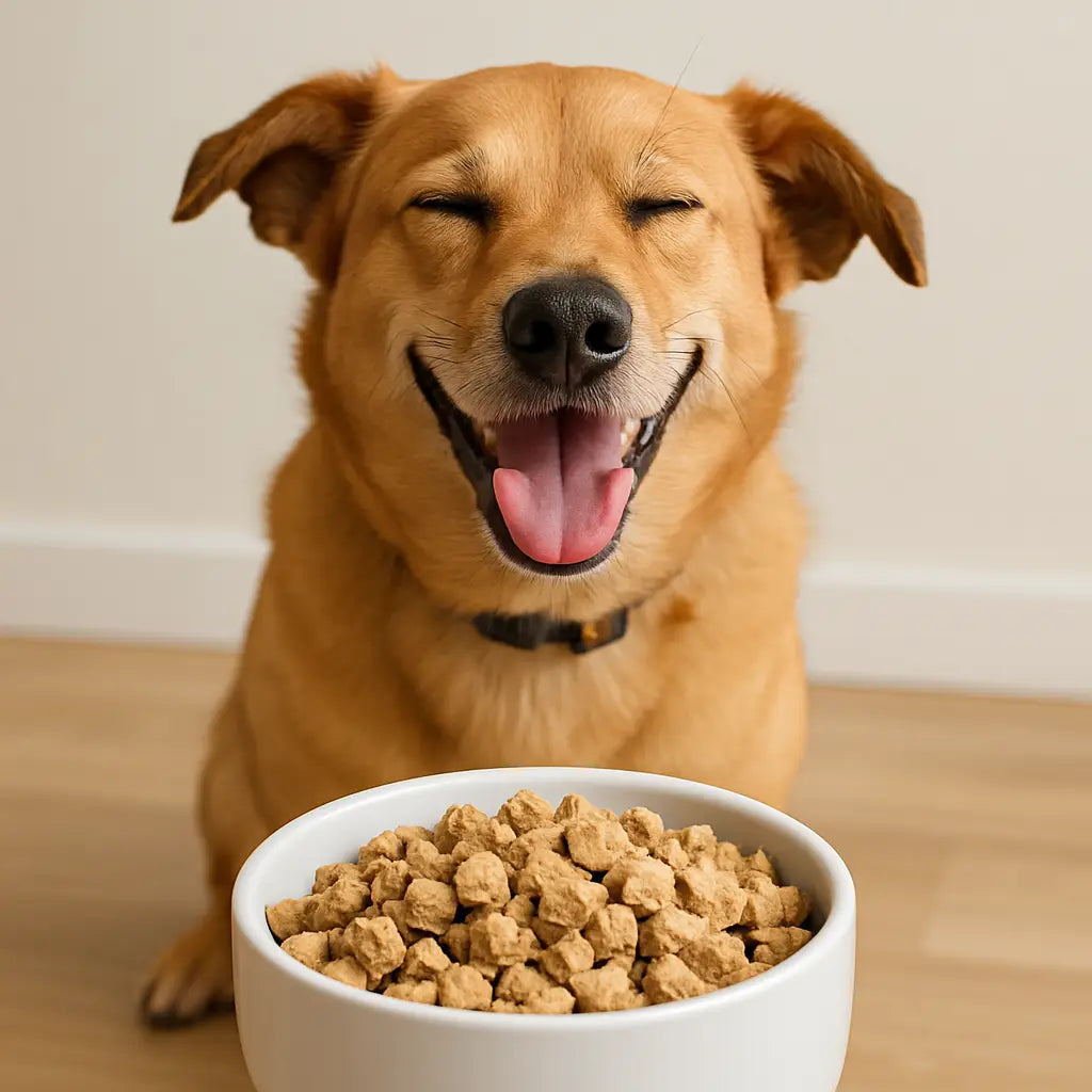 A happy dog enjoying a bowl of freeze-dried dog food