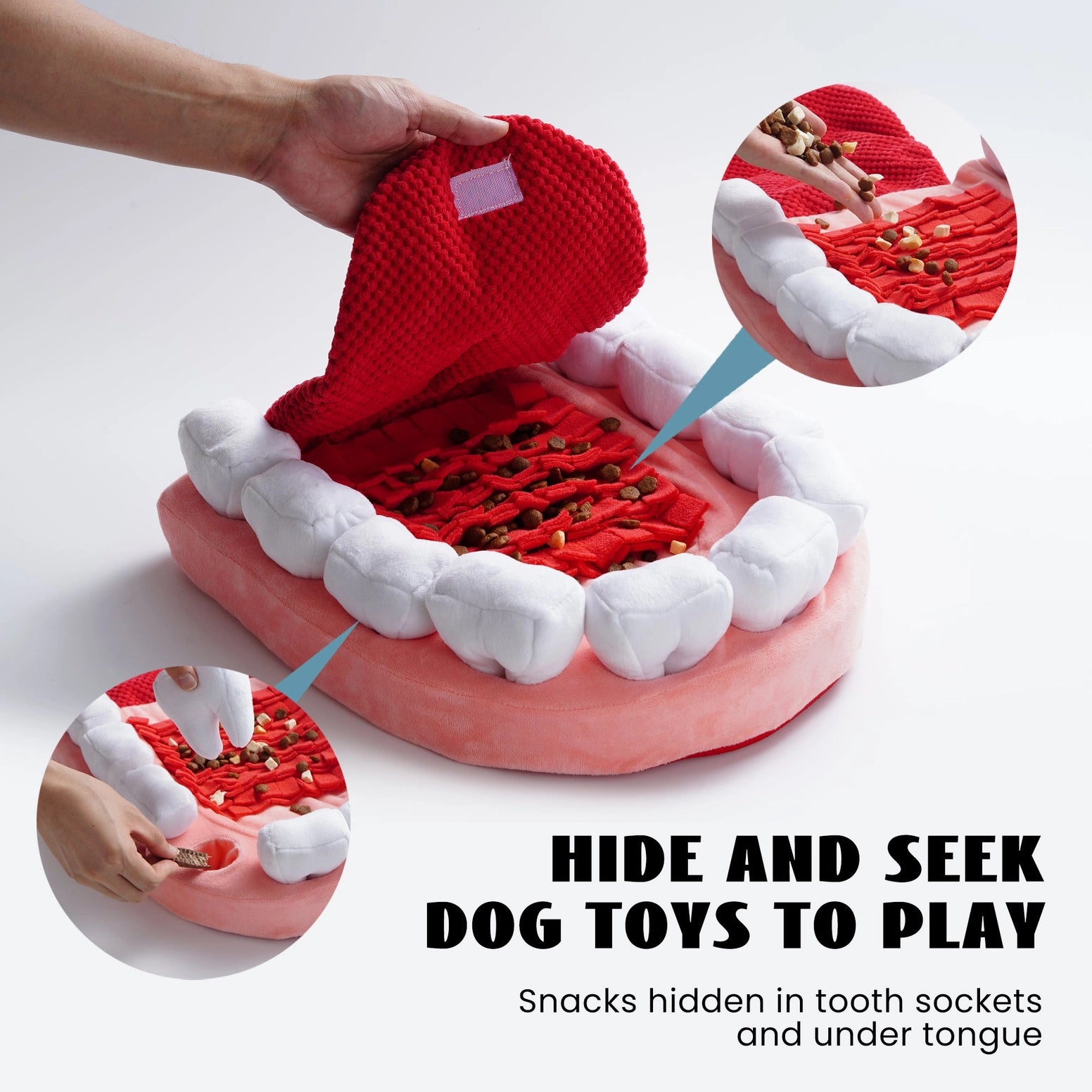 The Nocciola Teeth Extraction Dog Toy by Nocciola is a mouth-shaped plush with white teeth and a red tongue, offering mental stimulation as you lift the tongue to hide treats in tooth sockets for fun hide-and-seek play.