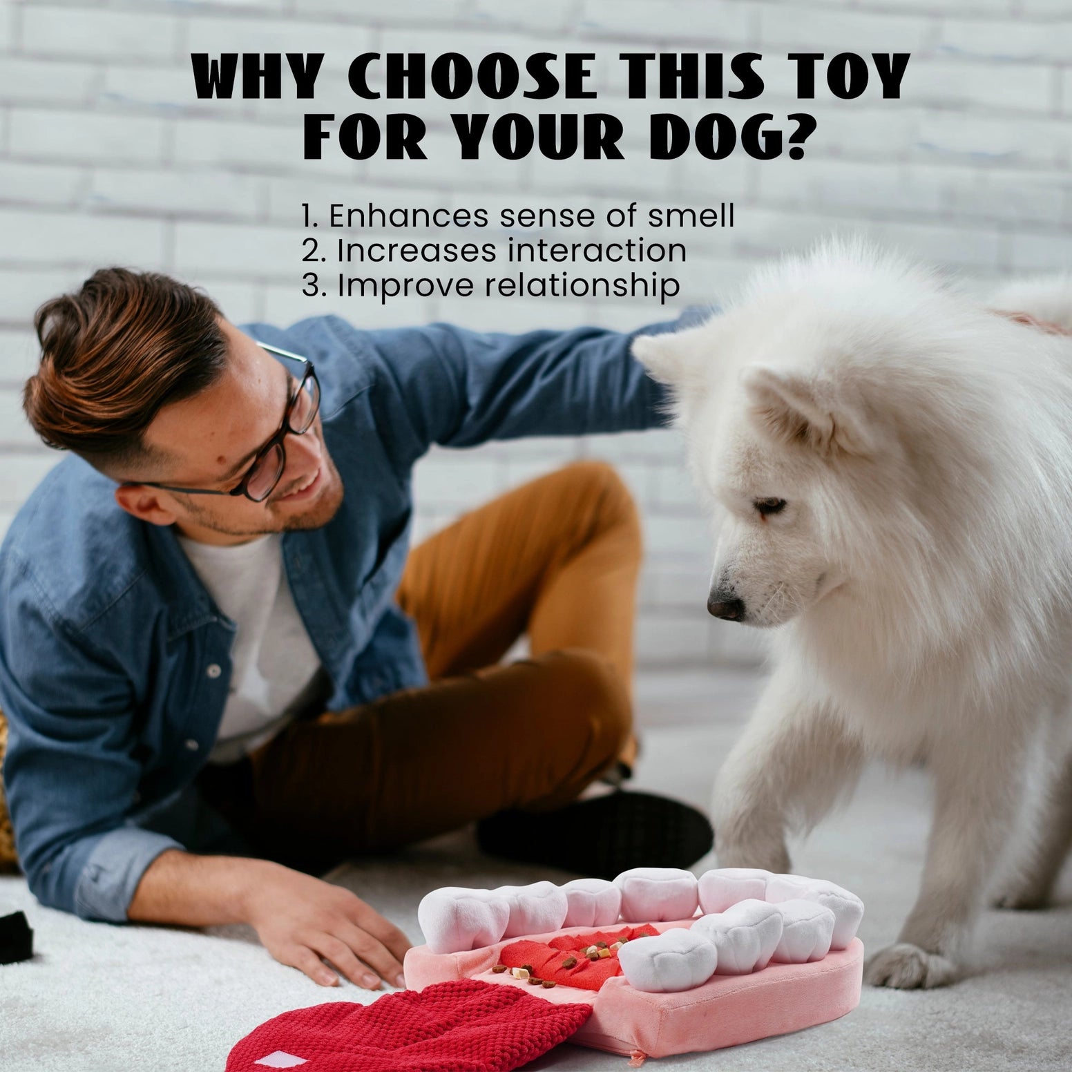 A man sits on the floor, smiling as he pets a fluffy white dog playing with the Nocciola Teeth Extraction Dog Toy by Nocciola. Text highlights better smell, increased mental stimulation, and stronger bonds.