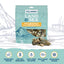 A bag of Icelandic+ Land & Sea Cod Skin Freeze-Dried Chicken Dog Treats (2.4 oz) is shown against an illustrated backdrop with scattered treats and five highlighted features below, including Omega-3 Fatty Acids.