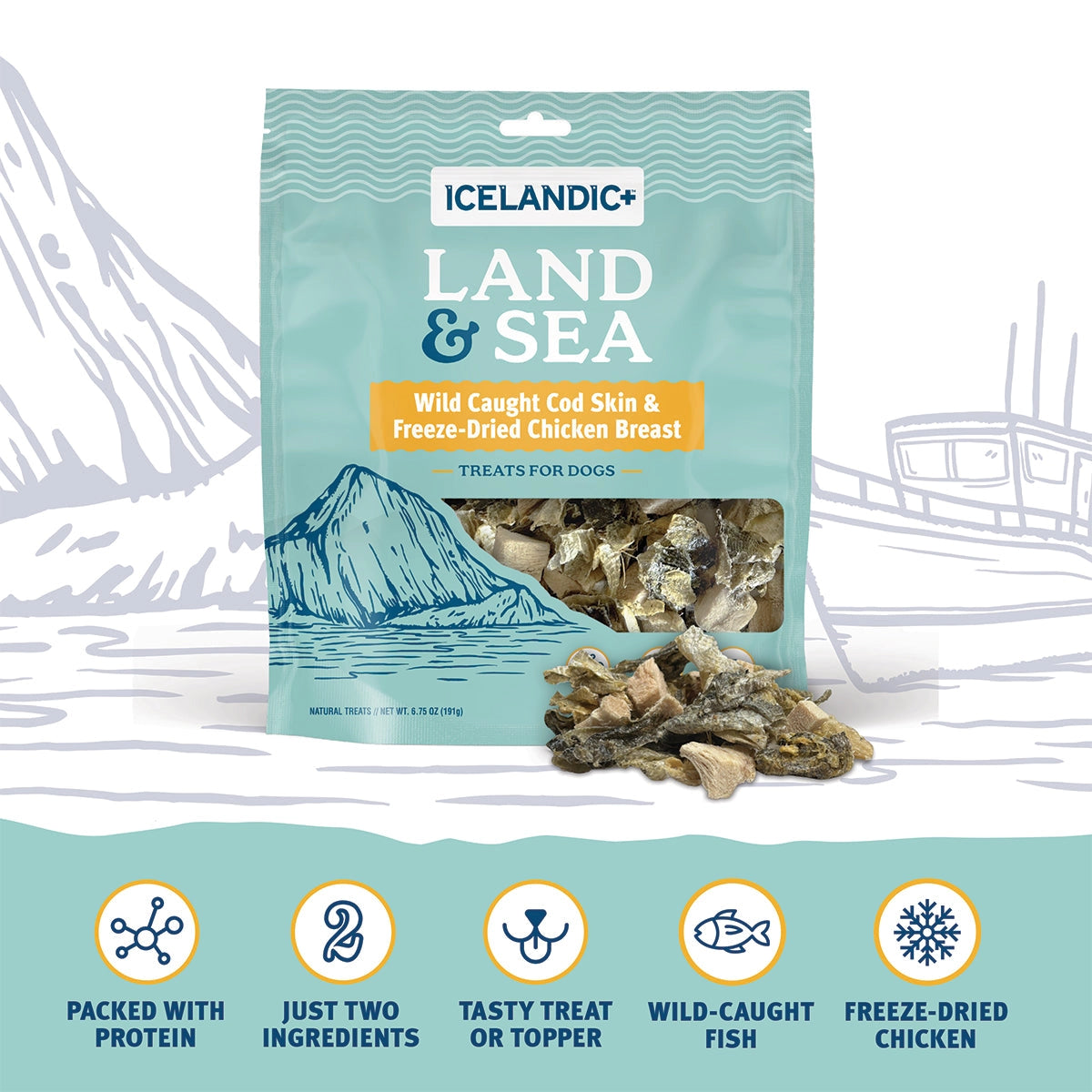 A bag of Icelandic+ Land & Sea Cod Skin Freeze-Dried Chicken Dog Treats (2.4 oz) is shown against an illustrated backdrop with scattered treats and five highlighted features below, including Omega-3 Fatty Acids.