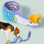 A beagle explores the Nocciola Interactive No-Stuffing Eel Toy—an eel-shaped blue, white, and yellow plush by Nocciola with treat pockets for mental stimulation, shown coiled and unrolled on a pale background.