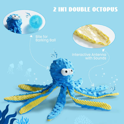 The Nocciola Ocean-Themed Crinkle & Squeaky Dog Toy Set by Nocciola features a blue and yellow plush octopus with interactive antennas, detachable tentacles, and a spiky blue barking ball labeled Bite for Barking Ball.