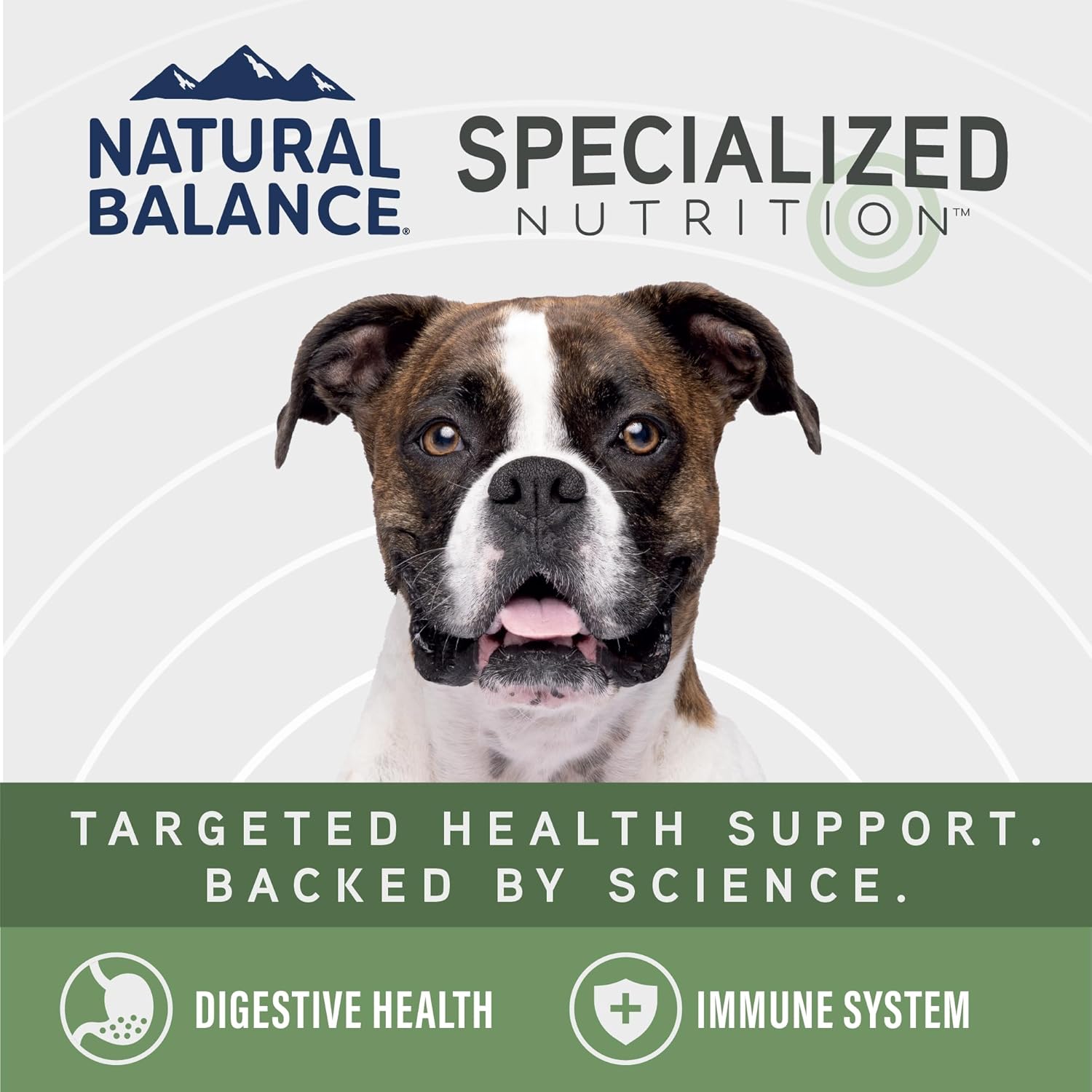 A brown and white dog looks forward under the Natural Balance logo. Text reads: Targeted health support, backed by science. Icons highlight digestive and immune benefits of Natural Balance Specialized Nutrition Lamb & Brown Rice Wet Dog Food.