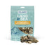 A blue 2.4 oz bag of Icelandic+ Land & Sea Cod Skin Freeze-Dried Chicken Dog Treats features wild-caught cod skin packed with omega-3s and freeze-dried chicken, mountain and sea graphics, visible treats inside, and some scattered in front.