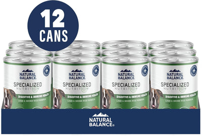 Twelve cans of Natural Balance Specialized Nutrition Digestive & Immune Health Adult Lamb & Brown Rice Formula Wet Dog Food, 12ea/12.7 oz, are shown in two rows as a 12-can pack.