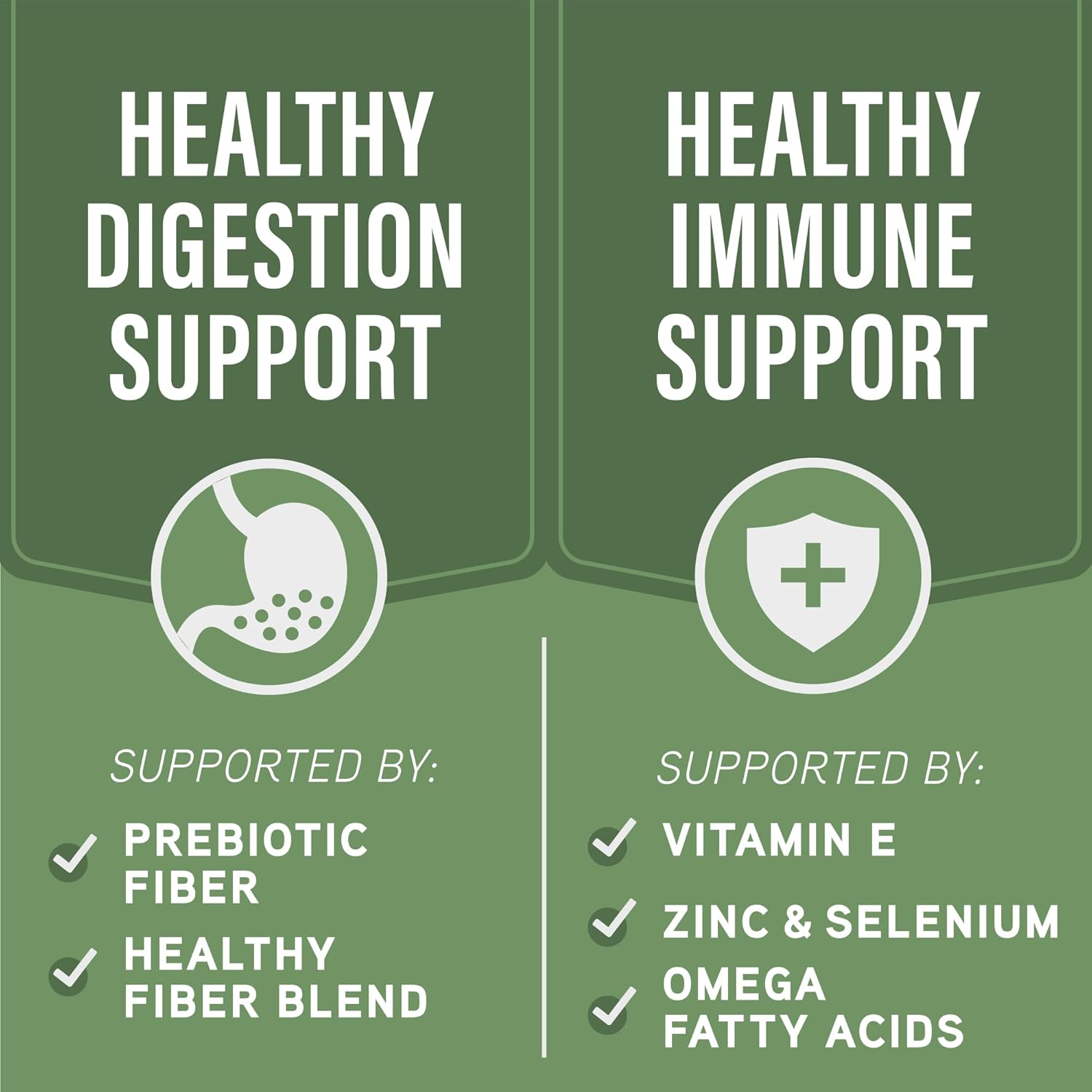 A green graphic splits: one side shows Natural Balance Digestive Health Dog Food with a stomach icon, the other shows Immune Support Dog Food with a shield, each listing key nutrients found in Natural Balance Specialized Nutrition Lamb & Brown Rice Wet Food.