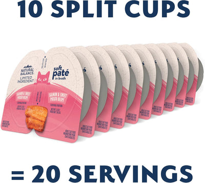 Ten containers of Natural Balance Limited Ingredient Soft Pate in Broth Wet Cat Food (10 ea/2.6 oz) are lined up, with “10 Split Cups = 20 Servings” in large blue text at the top and bottom.