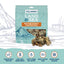 The Icelandic+ Land & Sea Cod Skin & Freeze-Dried Turkey Dog Treat 2.4 oz is shown before a mountain and water backdrop, with icons underneath highlighting its premium wild-caught cod skin and freeze-dried turkey ingredients.