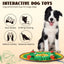 A black and white dog sits beside the Nocciola Snuffle Mat and Toy Set for Dogs—an engaging, green mat by Nocciola that promotes slow feeding, mental stimulation, interactive play, sniffing training, anxiety relief, and less destructive behavior.