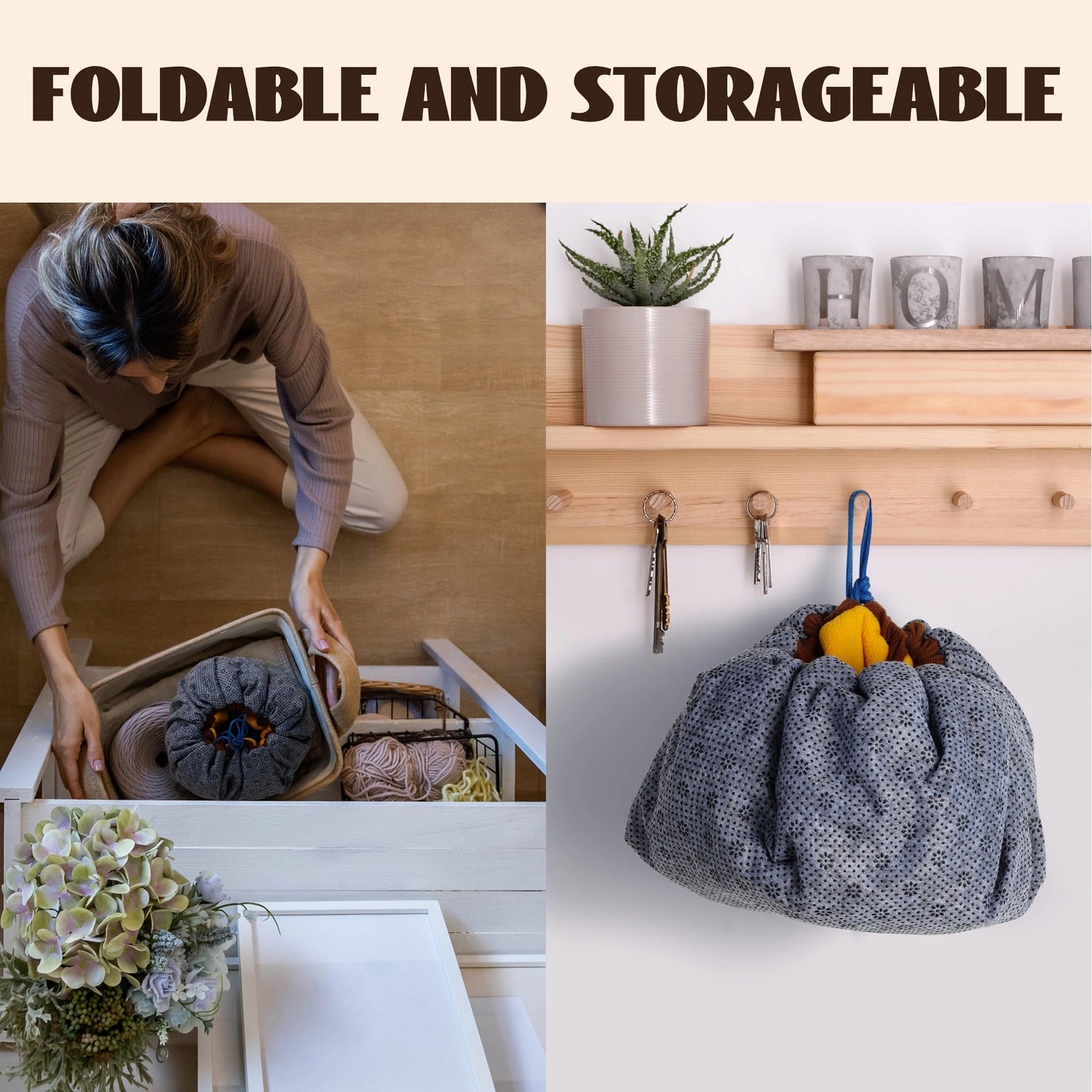 A Nocciola Snuffle Mat and Toy Set for Dogs is stored in a drawer on the left; on the right, it’s folded and hung under a shelf with plants, keys, and blocks spelling HOME. Text above: Foldable & Storable—fun play from Nocciola.