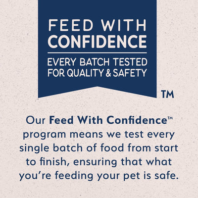 A sign reads, Feed With Confidence: Every batch tested for quality & safety. Below, text explains the Natural Balance Limited Ingredient Pate Canned Cat Food is carefully tested to help keep your cat safe.