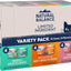 A 12-can variety pack of Natural Balance Pet Foods Limited Ingredient Pate Canned Cat Food includes Chicken & Green Pea, Duck & Green Pea, and Salmon & Green Pea flavors. Packaging shows a cat face graphic and product info.