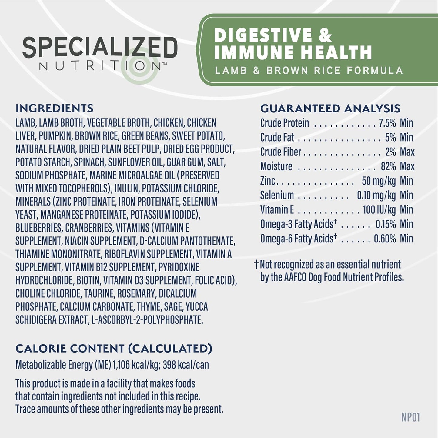 Natural Balance Specialized Nutrition Digestive & Immune Health Adult Lamb & Brown Rice Wet Dog Food highlights immune support, key ingredients, guaranteed analysis, calorie content, and omega-3 fatty acids on its label.