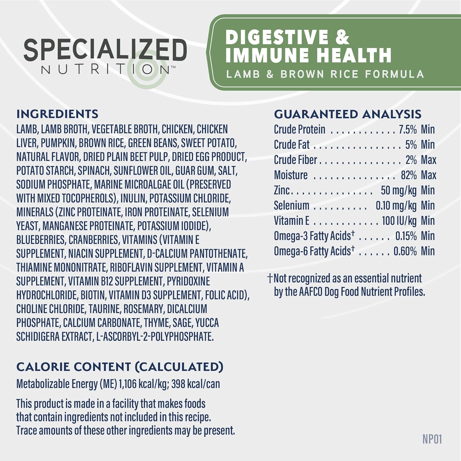 Natural Balance Specialized Nutrition Digestive & Immune Health Adult Lamb & Brown Rice Wet Dog Food highlights immune support, key ingredients, guaranteed analysis, calorie content, and omega-3 fatty acids on its label.