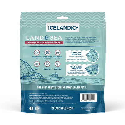 A teal and white bag of Icelandic+ Land & Sea Cod Skin & Freeze-Dried Beef Dog Treat (2.4 oz) featuring wild-caught cod skin rich in omega-3s and freeze-dried beef liver, with icons for its natural, protein-rich ingredients. Brand: Icelandic+.