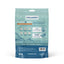 The back of the Icelandic+ Land & Sea Cod Skin & Freeze-Dried Turkey Dog Treat 2.4 oz bag features teal packaging with fish and turkey art, a boat scene, highlights its protein-rich treats, and lists ingredients and benefits.