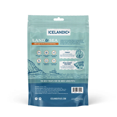 The back of the Icelandic+ Land & Sea Cod Skin & Freeze-Dried Turkey Dog Treat 2.4 oz bag features teal packaging with fish and turkey art, a boat scene, highlights its protein-rich treats, and lists ingredients and benefits.