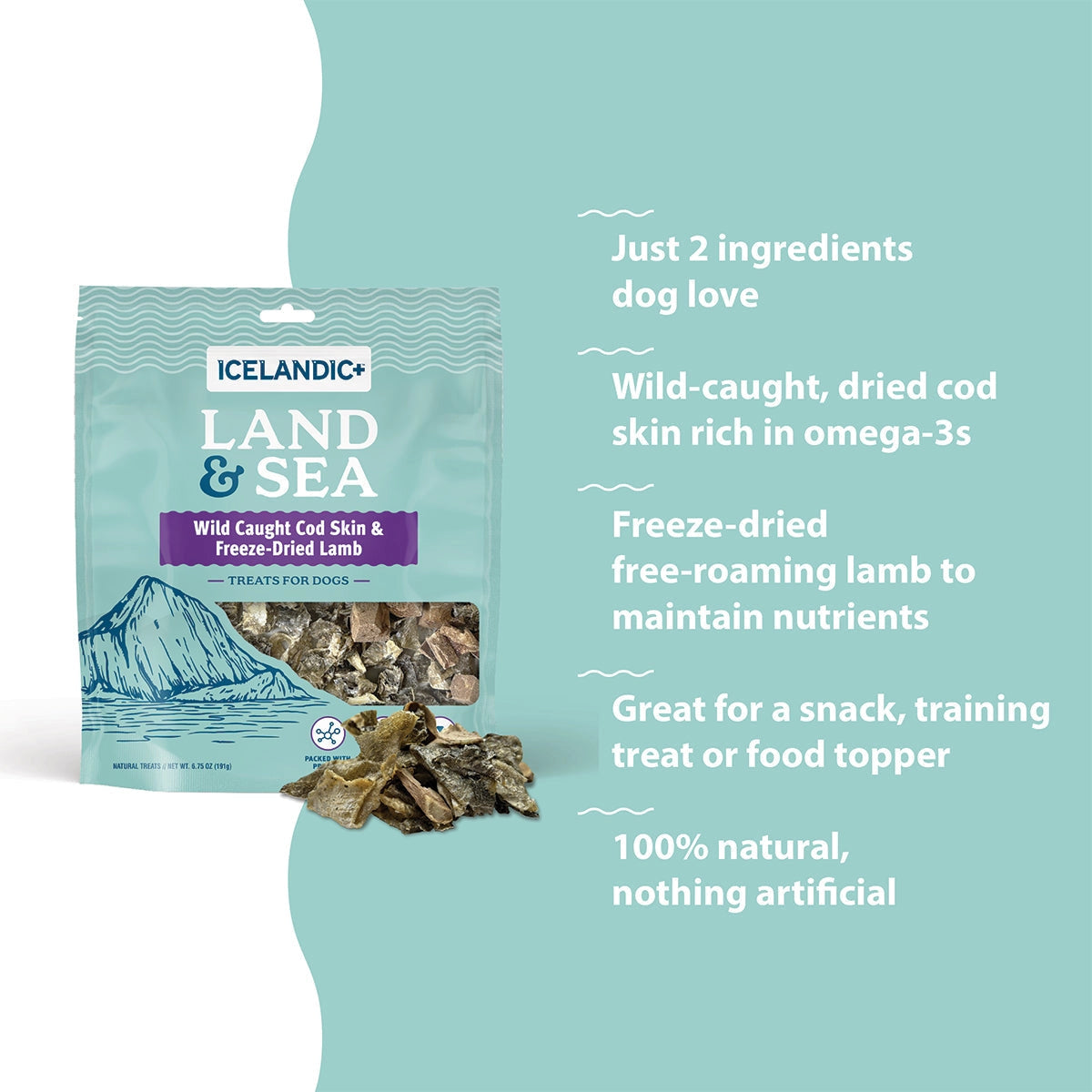 The Icelandic+ Land & Sea Cod Skin & Freeze-Dried Lamb Dog Treat 2.4 oz features only 2 ingredients and is rich in Omega-3s, high in nutrients, 100% natural, and perfect for versatile use. Brand: Icelandic+.