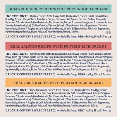 Natural Balance Ultra Protein Cuts in Gravy Wet Cat Food (10x2.7oz) labels list ingredients and calories for chicken, salmon, and duck recipes, with protein sources, nutrients, and supplements shown in color-coded sections.