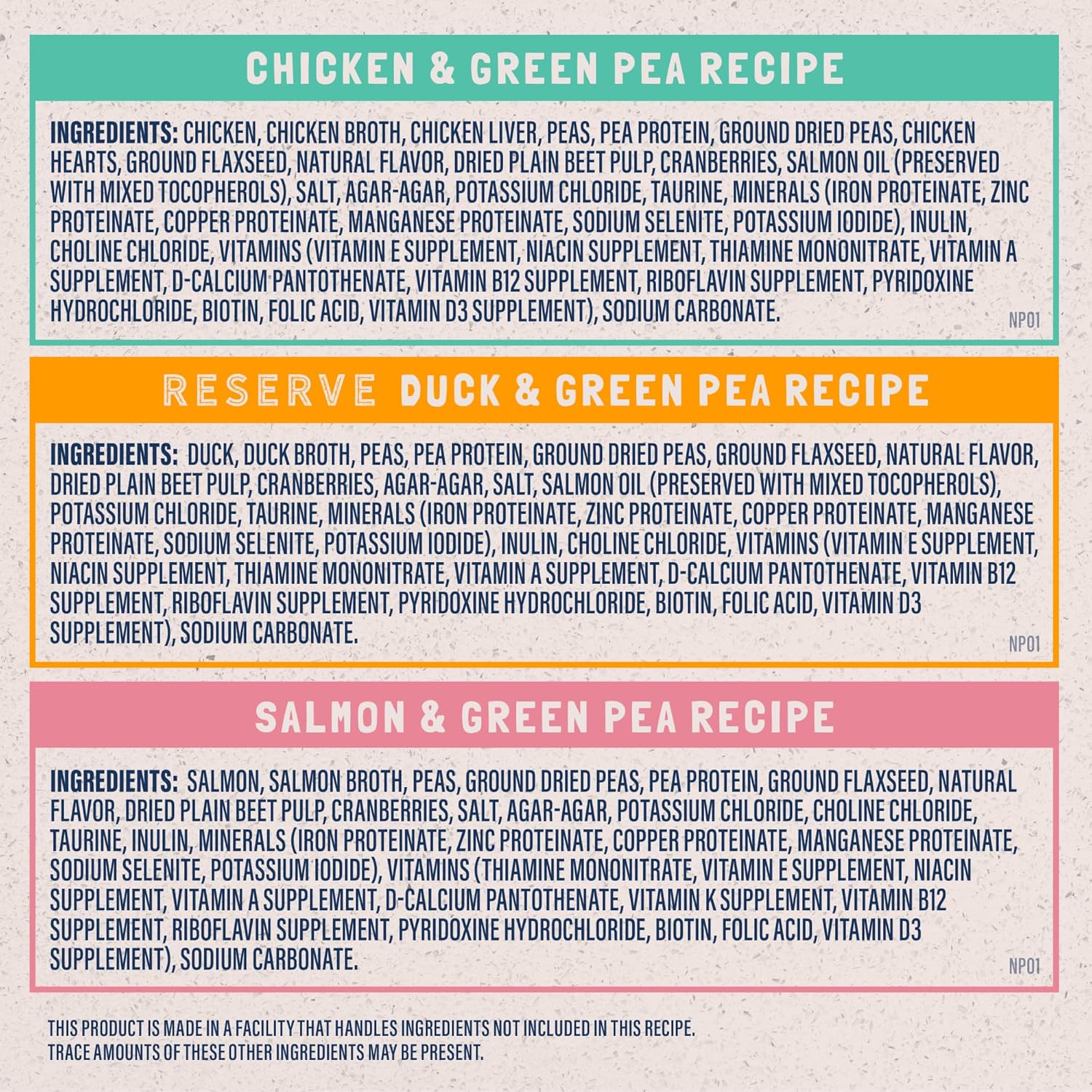 A nutrition label for Natural Balance Limited Ingredient Pate Canned Cat Food shows grain-free options like Chicken & Green Pea, Duck & Green Pea, and Salmon & Green Pea, plus a note about possible cross-contact in the facility.