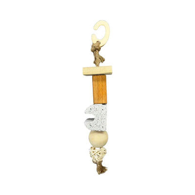 The A & E Cages Nibbles Wood & Pumice Small Animal Chew Toy by A&E Cage Company features wood, pumice stone, and rope with a hook and rattan ball—perfect for supporting dental health in small pets.