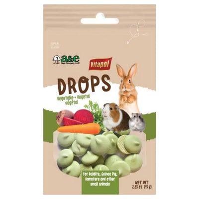 A & E Cages Vitapol Drops Small Animal Treats 2.65 oz by A&E Cage Company feature green vegetable and yogurt drops with essential vitamins and minerals for your rabbit, guinea pig, or hamster. Packaging shows small animals plus carrots and beets.
