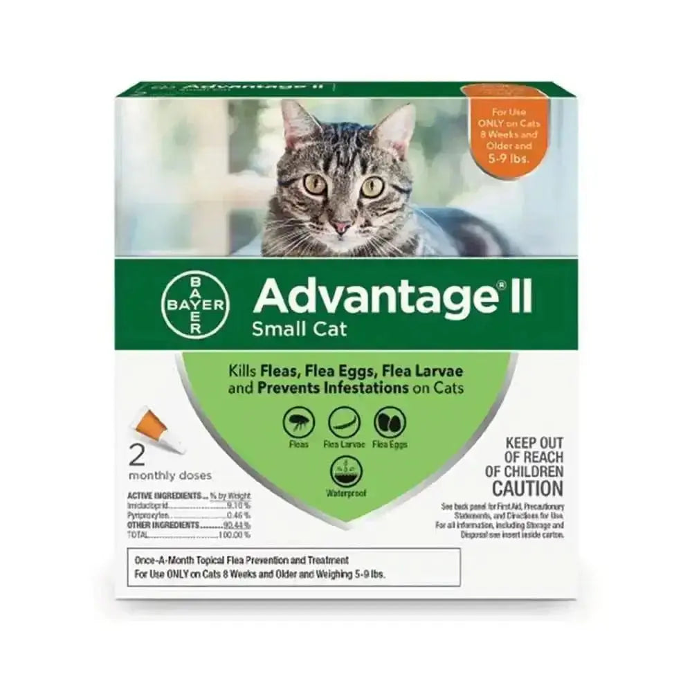 Advantage II flea treatment for small cats in a 2-dose package with a cat image on the front