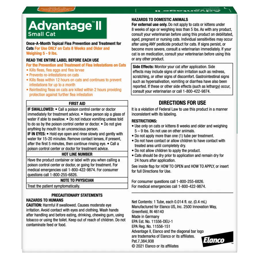 Advantage II flea treatment for small cats packaging with instructions and safety information